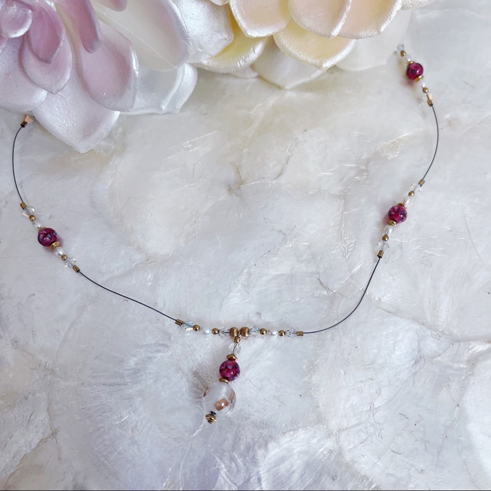 Pink White Murano Glass Bead Crystal Pearl 14K Gold Filled Wire Necklace 17”